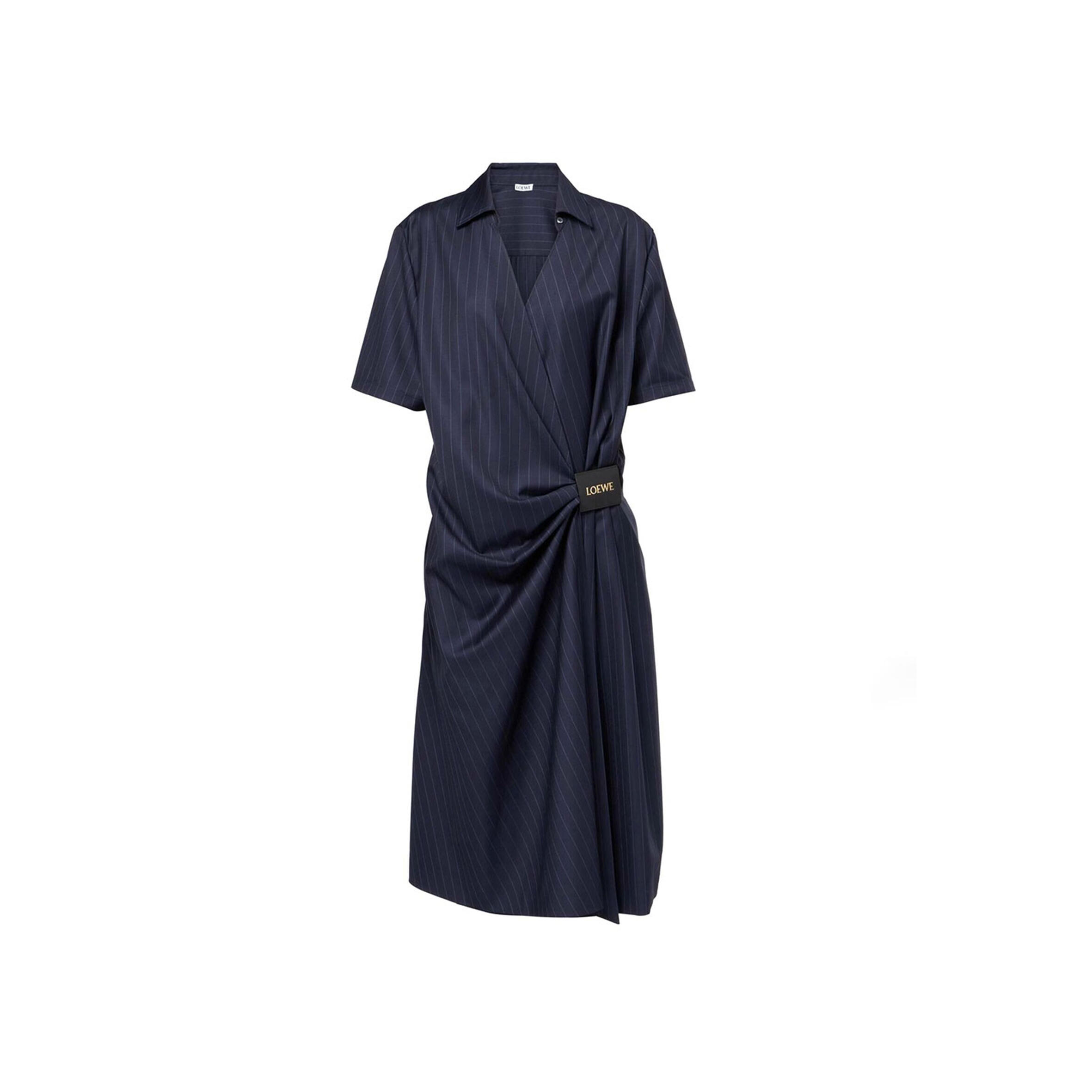 LOEWE PINSTRIPE GATHERED WOOL WRAP DRESS
